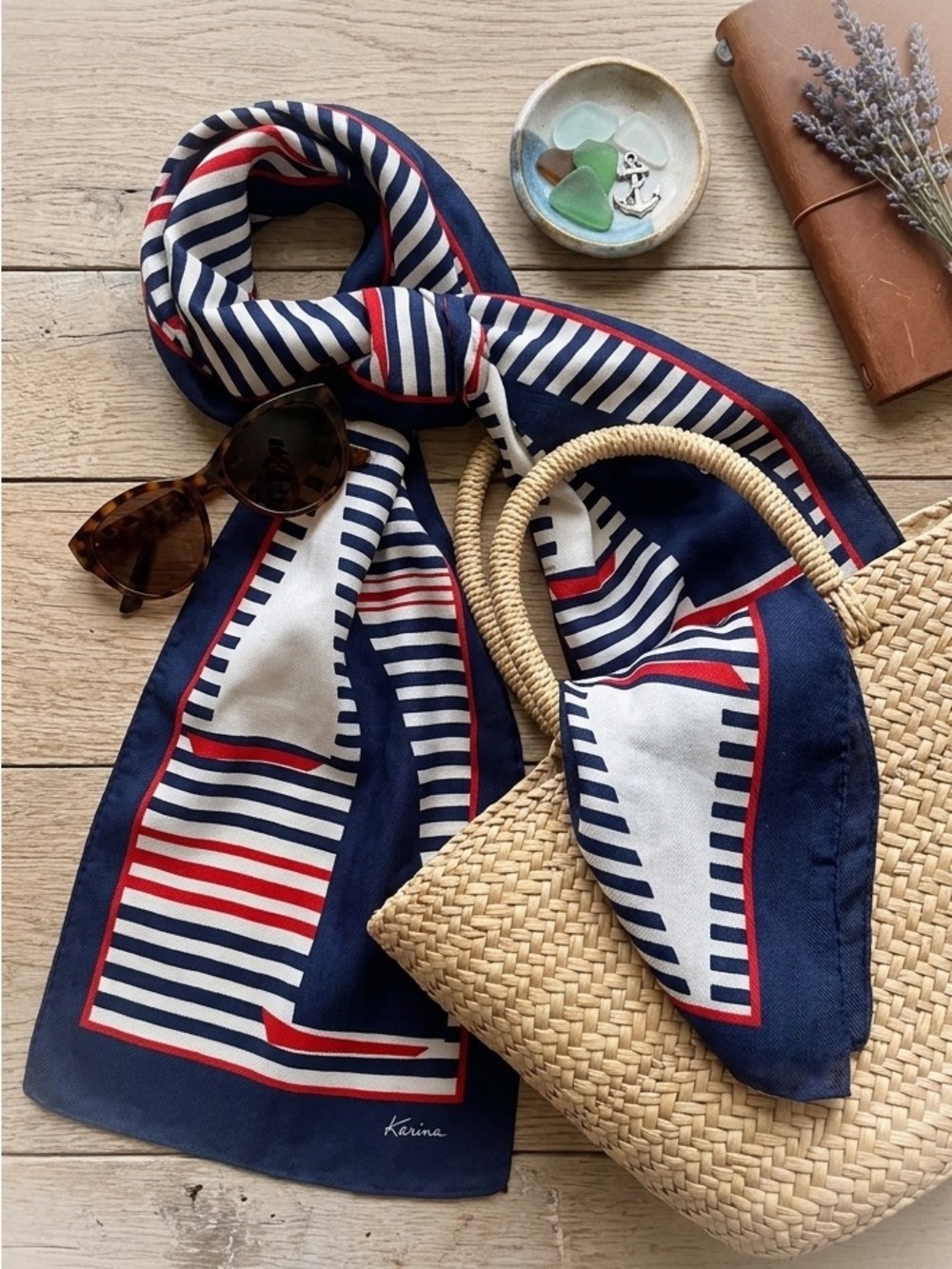 Vintage Nautical Scarf Karina Navy Red Stripe Sailing Chic Retro Aesthetic